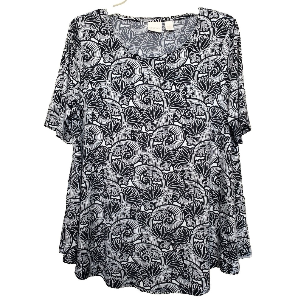 CHICO'S Floral Blooms Geo Print Short Sleeve Scoop Neck Stretchy Top Size 1 MED
